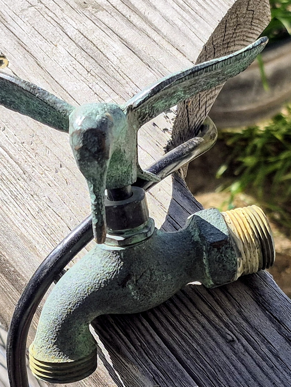 Vintage Style Bird-Top Garden Faucet in Green Patina
